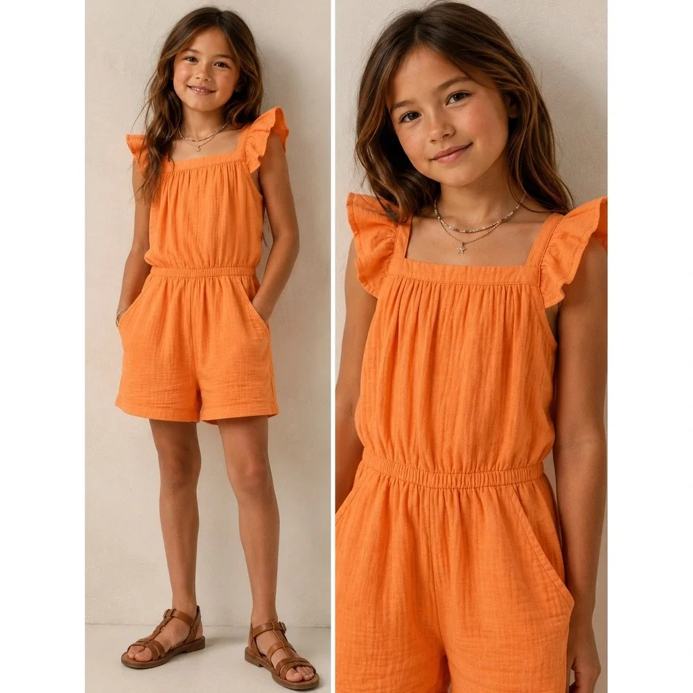 Girls Peach Mango Flutter Shoulder Romper Cotton Gauze XL 14-16 NEW